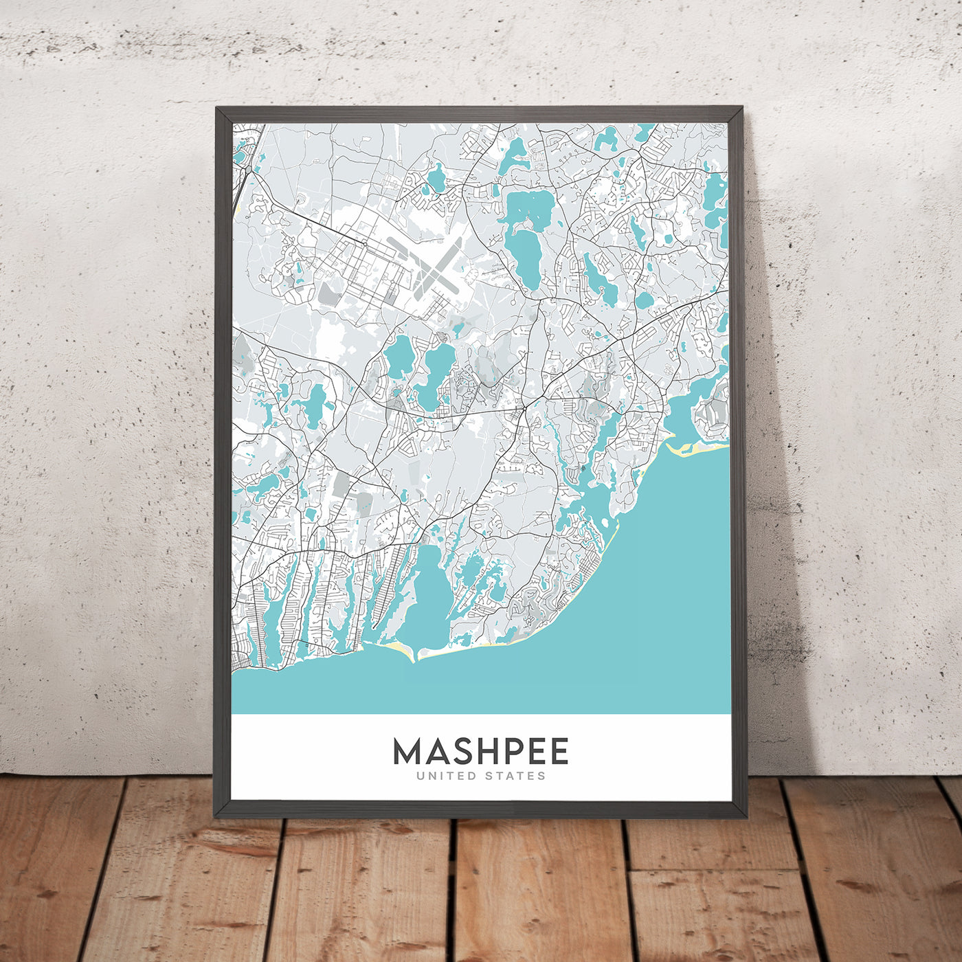Mapa moderno de la ciudad de Mashpee, MA: Mashpee Commons, Parque Estatal South Cape Beach, Reserva Nacional de Investigación Estuarina de Waquoit Bay, Playa Popponesset, Estanque Santuit