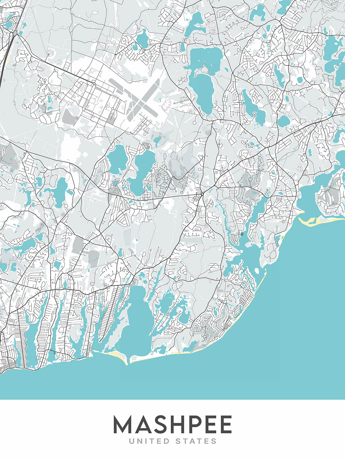 Plan de la ville moderne de Mashpee, MA : Mashpee Commons, parc d'État de South Cape Beach, réserve nationale de recherche estuarienne de Waquoit Bay, plage de Popponesset, étang de Santuit