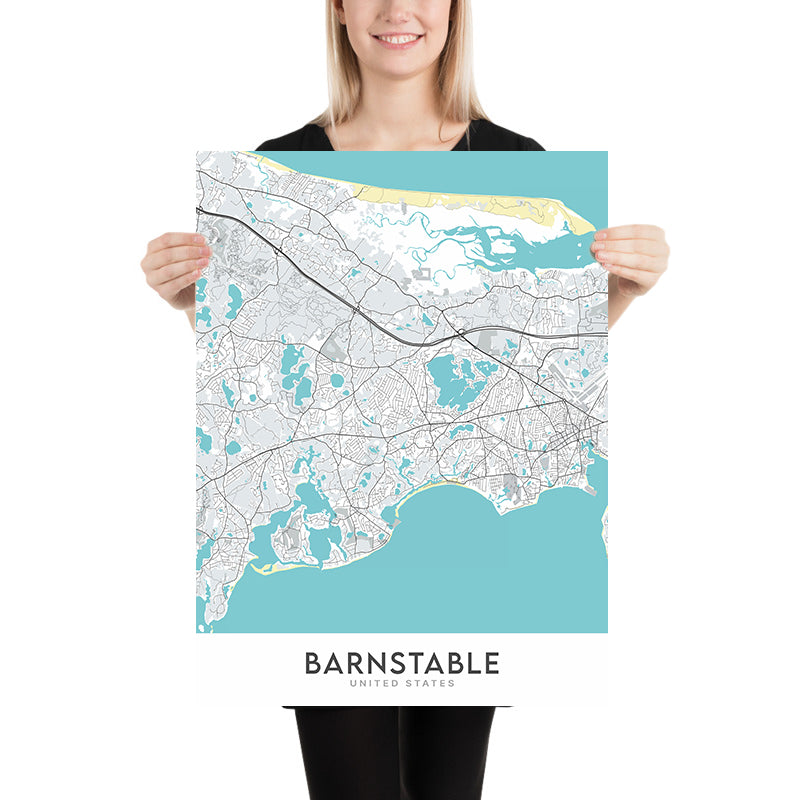 Plan de la ville moderne de Barnstable, MA : Barnstable Village, Hyannis, Sandy Neck Beach, Route 6, Route 28