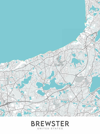 Plan de la ville moderne de Brewster, MA : Cape Cod National Seashore, Nickerson State Park, Route 6A, Route 28, Scargo Lake