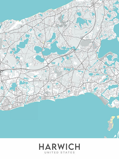Moderner Stadtplan von Harwich, Massachusetts: Red River Beach, Saquatucket Harbor, Wychmere Harbor, Allen Harbor, Herring River