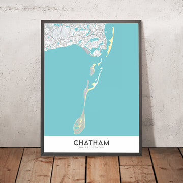 Mappa della città moderna di Chatham, MA: Faro di Chatham, Molo di pesce di Chatham, Museo ferroviario di Chatham, Route 28, Baia Pleasant 