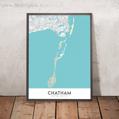 Plan de la ville moderne de Chatham, MA : phare de Chatham, jetée de Chatham Fish, musée du chemin de fer de Chatham, route 28, Pleasant Bay