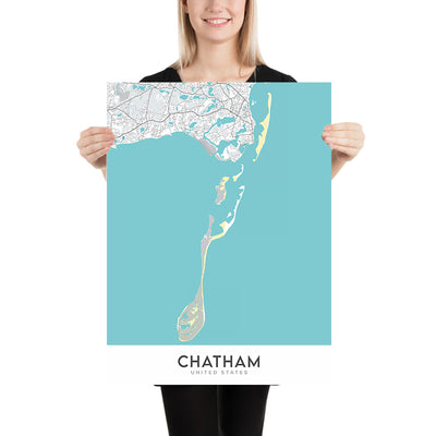 Plan de la ville moderne de Chatham, MA : phare de Chatham, jetée de Chatham Fish, musée du chemin de fer de Chatham, route 28, Pleasant Bay