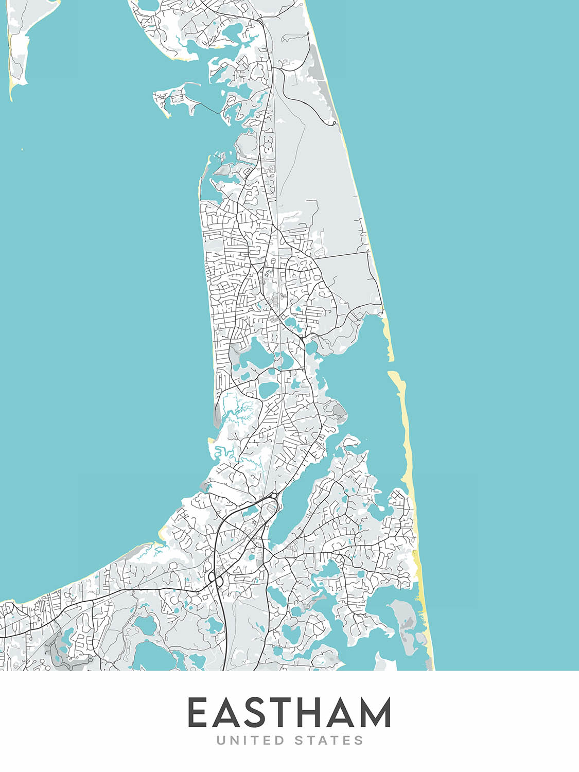 Plan de la ville moderne d'Eastham, MA : Nauset Light Beach, Coast Guard Beach, First Encounter Beach, Fort Hill, Rock Harbor