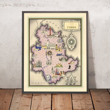 Alte bildliche Karte von Umbrien, 1938: Perugia, Assisi, Spoleto, Monti Sibillini, Gran Sasso und Monti della Laga 