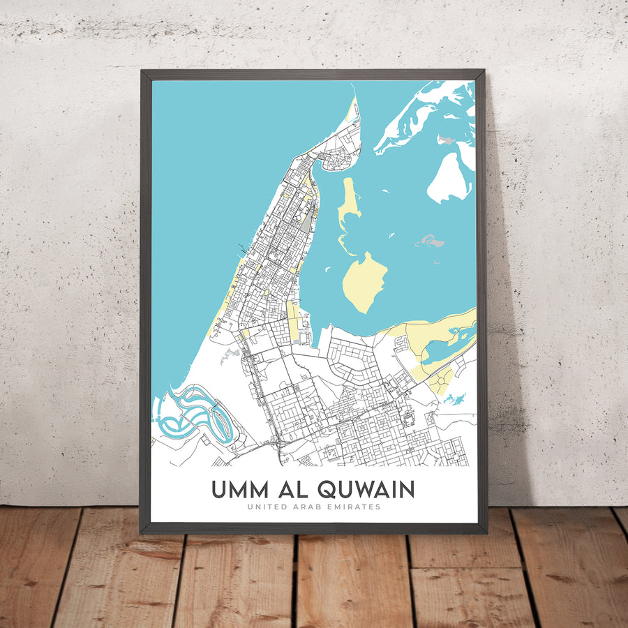 Mapa de la ciudad moderna de Umm Al Quwain, EAU: Fuerte, Museo, Corniche, Carretera Sheikh Mohammed Bin Zayed, Carretera de los Emiratos 