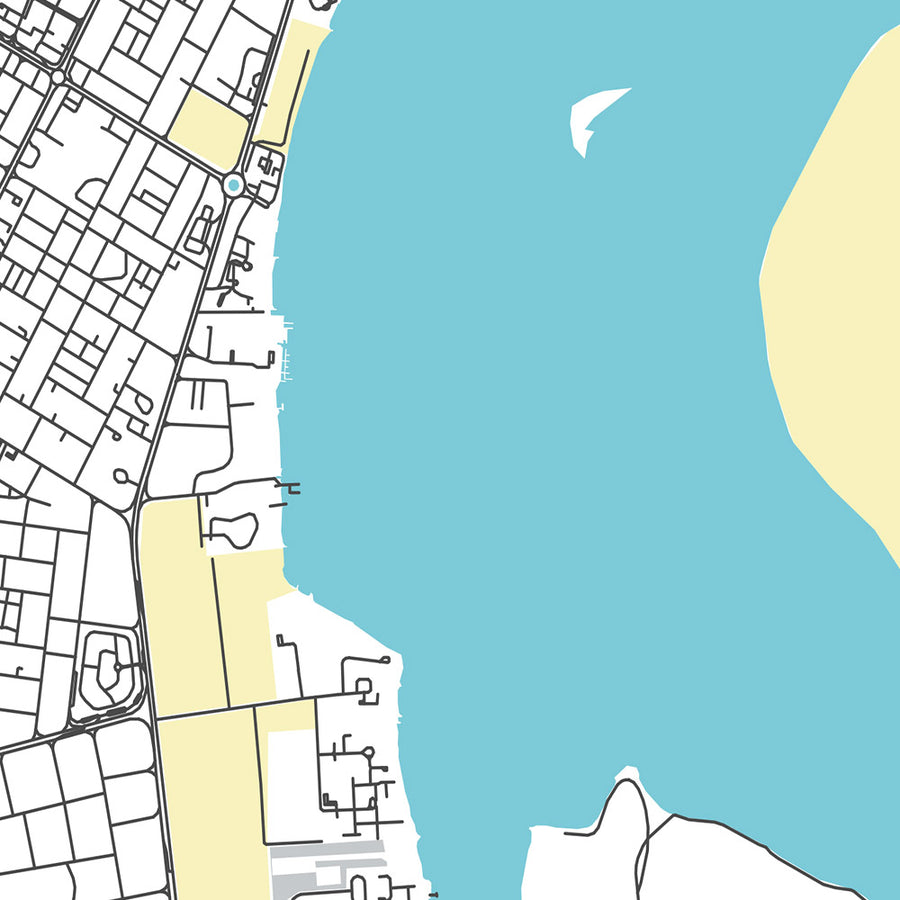 Mapa de la ciudad moderna de Umm Al Quwain, EAU: Fuerte, Museo, Corniche, Carretera Sheikh Mohammed Bin Zayed, Carretera de los Emiratos 