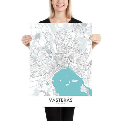 Moderner Stadtplan von Västerås, Schweden: Schloss, Kathedrale, Konzertsaal, Universität, Zoo