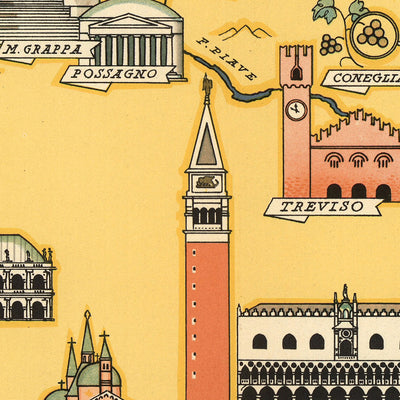 Alte Bildkarte von Venetien von De Agostini, 1938: Venedig, Verona, Padua, Vicenza, Dolomiten