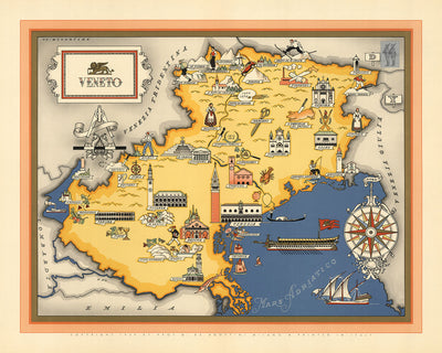 Ancienne carte picturale de la Vénétie par De Agostini, 1938 : Venise, Vérone, Padoue, Vicence, Dolomites