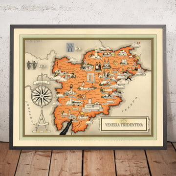 Alte bildliche Karte von Trentino-Südtirol von De Agostini, 1938: Trento, Bozen, Brixen, Meran, Rovereto 