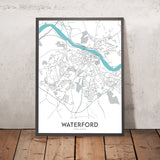 Carte de la ville moderne de Waterford, Irlande : Château, Tour de Reginald, Cathédrale Christ Church, Cathédrale de la Sainte Trinité, Rivière Suir 