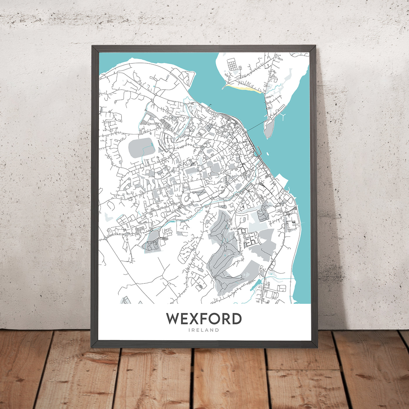 Plan de la ville moderne de Wexford, Irlande : ville de Wexford, château d'Enniscorthy, plage de Curracloe, phare de Hook, parc du patrimoine national irlandais