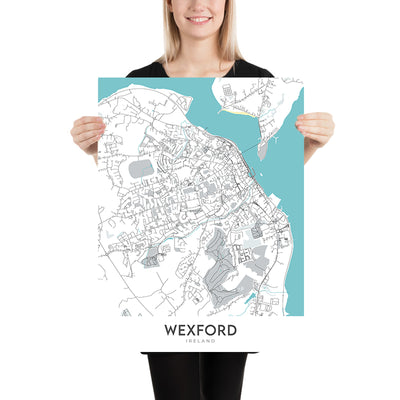 Modern Town Map of Wexford, Ireland: Wexford Town, Enniscorthy Castle, Curracloe Beach, Hook Lighthouse, Irish National Heritage Park