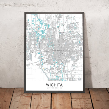 Moderne Stadtkarte von Wichita, KS: College Hill, Delano, Innenstadt, Keeper of the Plains, Wichita State University 