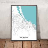 Moderne Stadtkarte von Wicklow, Irland: Wicklow Mountains, Glendalough Valley, Lough Tay, Lough Dan, Vartry Reservoir 