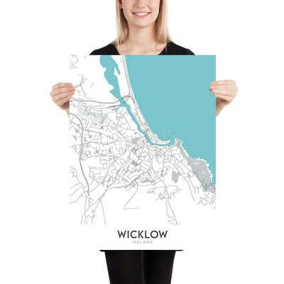 Moderner Stadtplan von Wicklow, Irland: Wicklow Mountains, Glendalough Valley, Lough Tay, Lough Dan, Vartry Reservoir