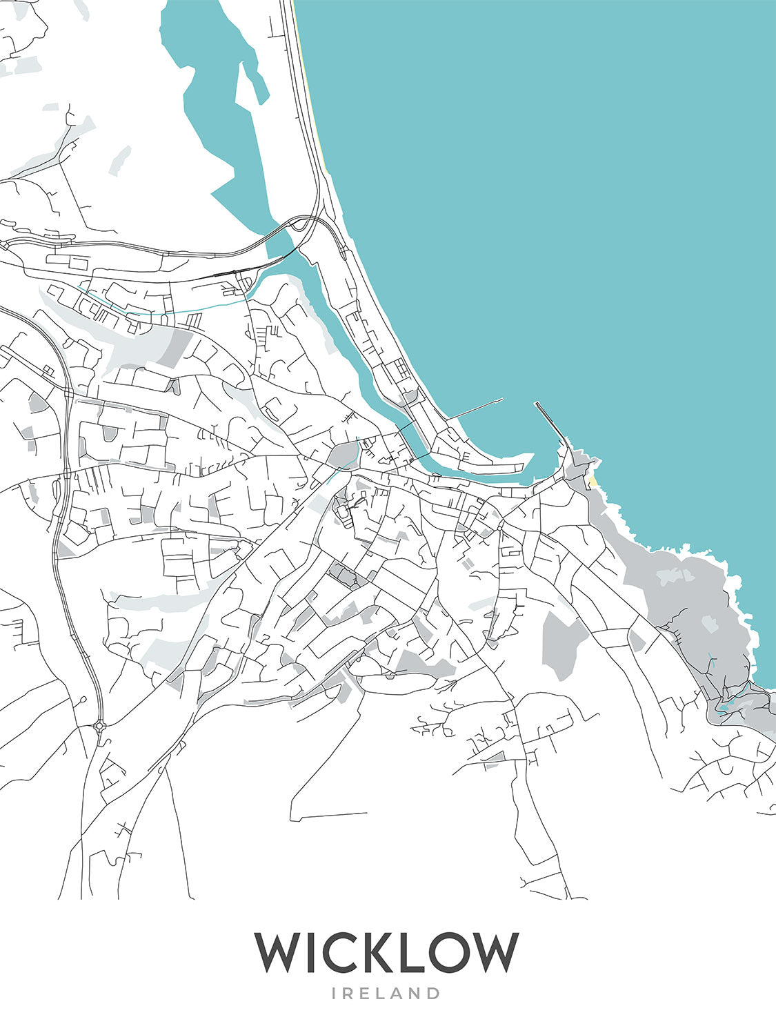 Modern Town Map of Wicklow, Ireland: Wicklow Mountains, Glendalough Valley, Lough Tay, Lough Dan, Vartry Reservoir