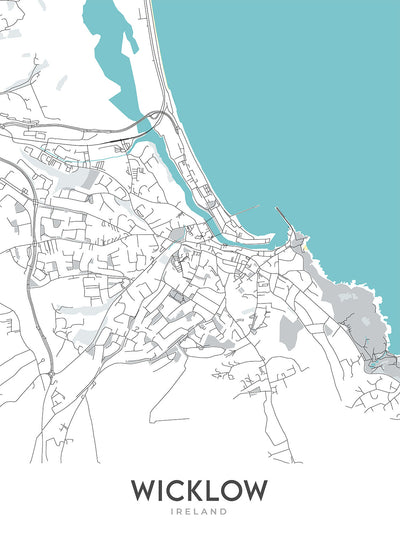 Mapa moderno de la ciudad de Wicklow, Irlanda: montañas de Wicklow, valle de Glendalough, lago Tay, lago Dan, embalse de Vartry