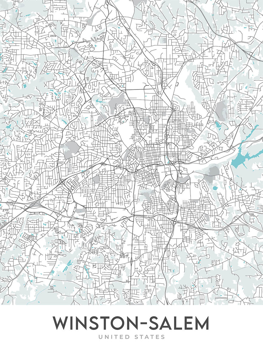 Moderne Stadtkarte von Winston-Salem, NC: Ardmore, Reynolda, Hanes Mall, Wake Forest University, I-40 