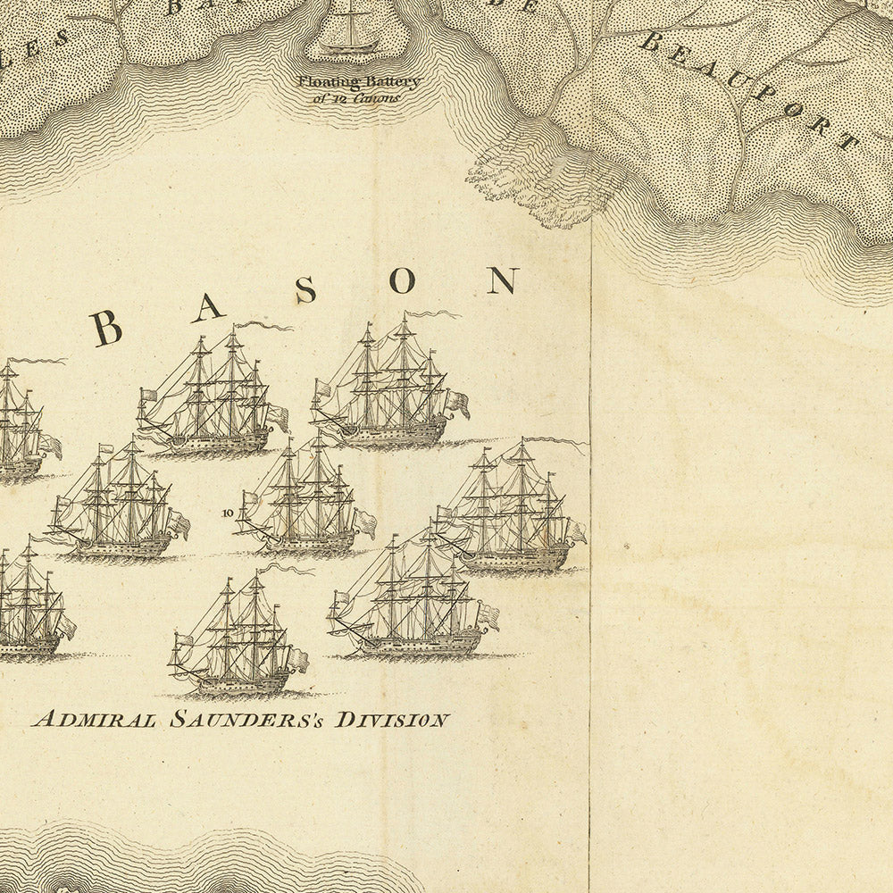 Alte Militärkarte der Schlacht auf den Abraham-Ebenen von Jefferys, 1768: Quebec, Sankt-Lorenz-Strom, französische und britische Truppen, Artillerie, Marinedivisionen