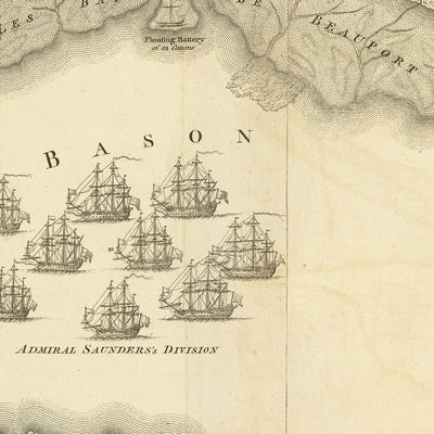 Old Battle of Quebec Map by Jefferys, 1759: Plains of Abraham, River St. Lawrence, French and British Troops, Artillery, Naval Divisions