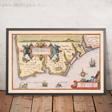Mapa antiguo del Algarve de Waghenaer, 1588: Faro, Lagos, Portimão, Cabo de San Vicente, cartucho decorativo 