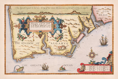 Mapa antiguo del Algarve de Waghenaer, 1588: Faro, Lagos, Portimão, Cabo de San Vicente, cartela decorativa