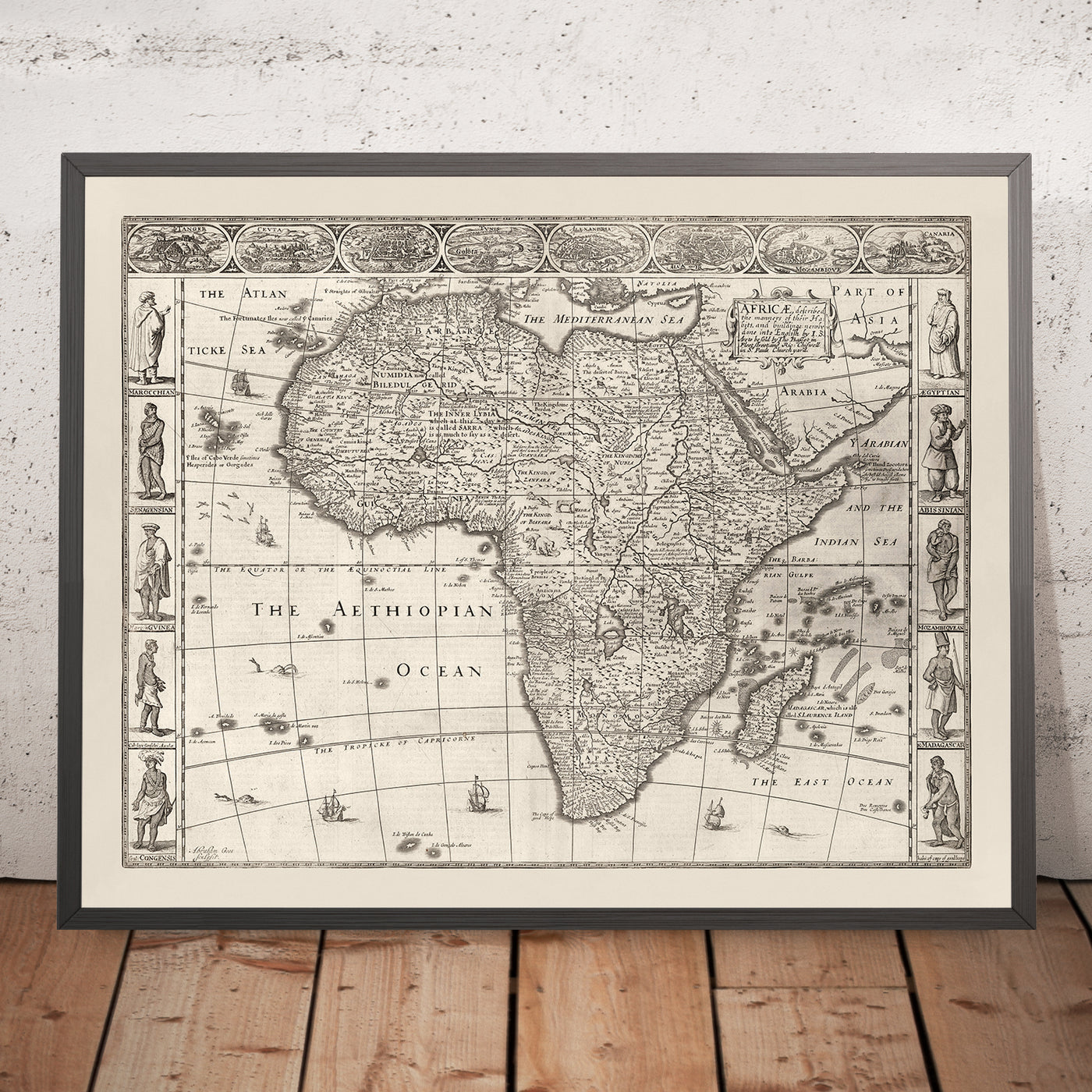 Old Monochrome Map of Africa by Speed, 1676: Showing Traditional People & Attire