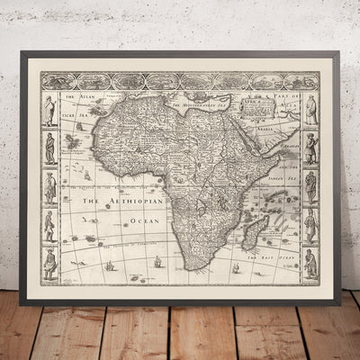Old Monochrome Map of Africa by Speed, 1676: Showing Traditional People & Attire