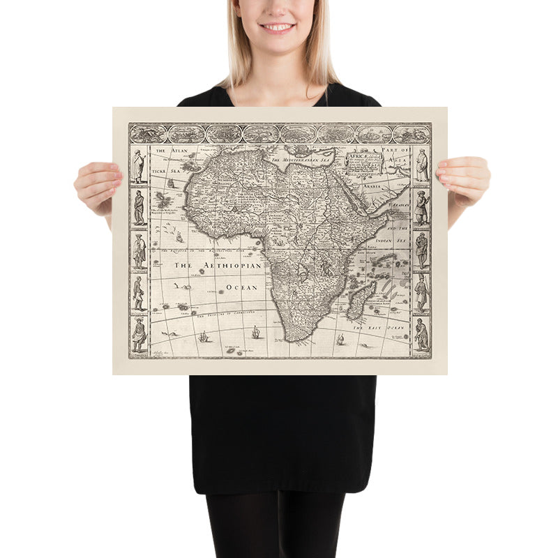 Old Monochrome Map of Africa by Speed, 1676: Showing Traditional People & Attire