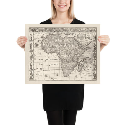 Old Monochrome Map of Africa by Speed, 1676: Showing Traditional People & Attire