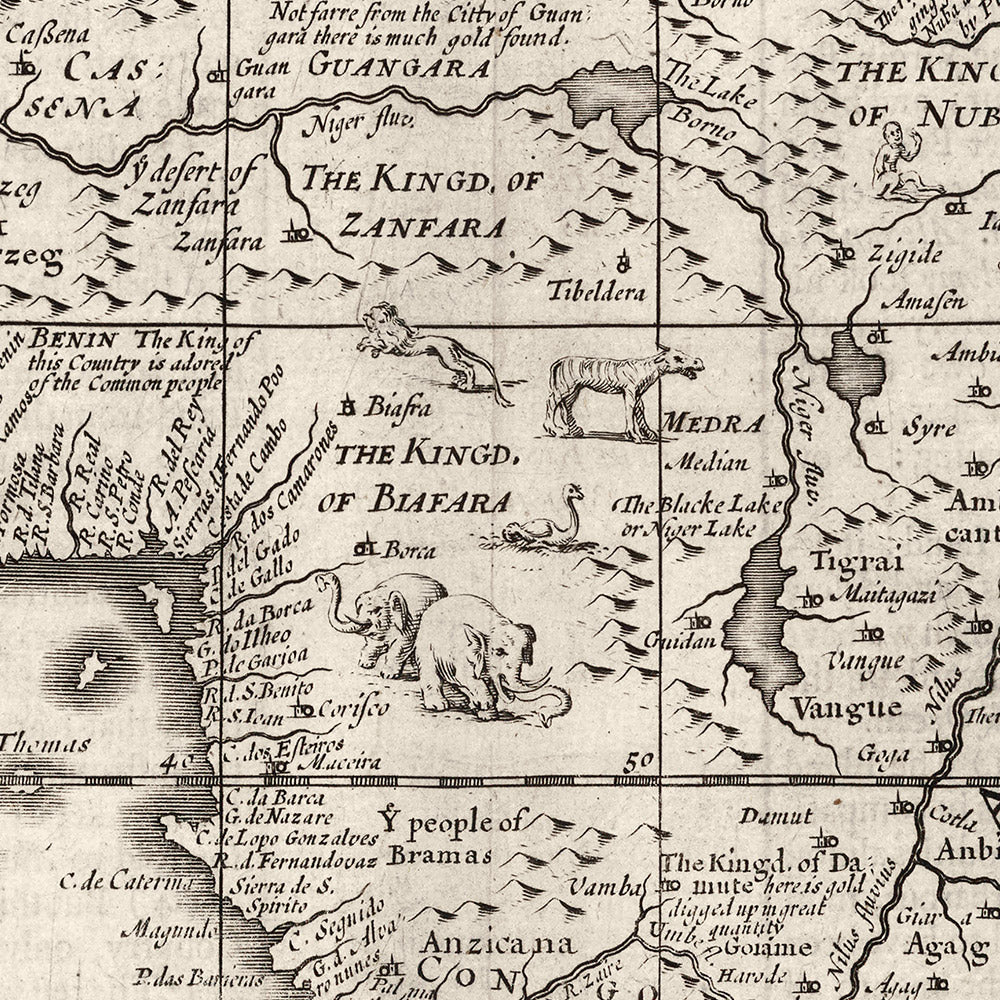 Old Monochrome Map of Africa by Speed, 1676: Showing Traditional People & Attire