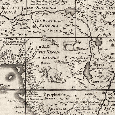 Old Monochrome Map of Africa by Speed, 1676: Showing Traditional People & Attire