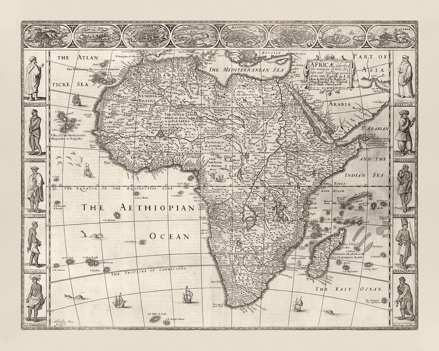 Old Monochrome Map of Africa by Speed, 1676: Showing Traditional People & Attire