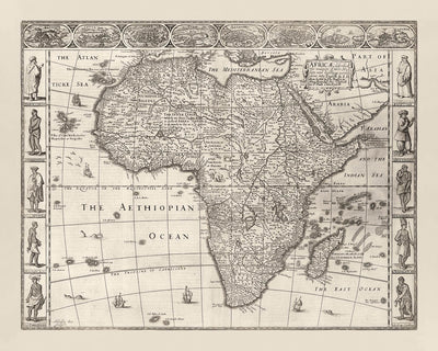 Old Monochrome Map of Africa by Speed, 1676: Showing Traditional People & Attire