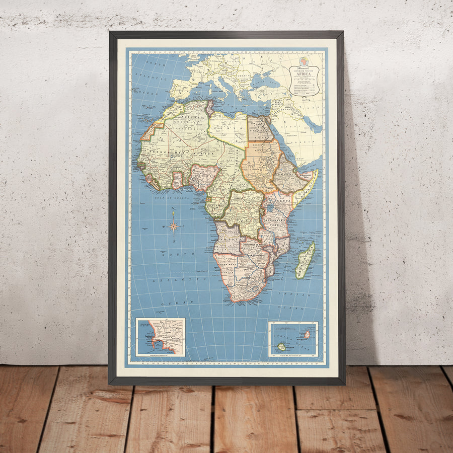 Große alte Karte von Afrika, 1957: Koloniale Grenzen, Mercator-Projektion, detaillierte Geographie 