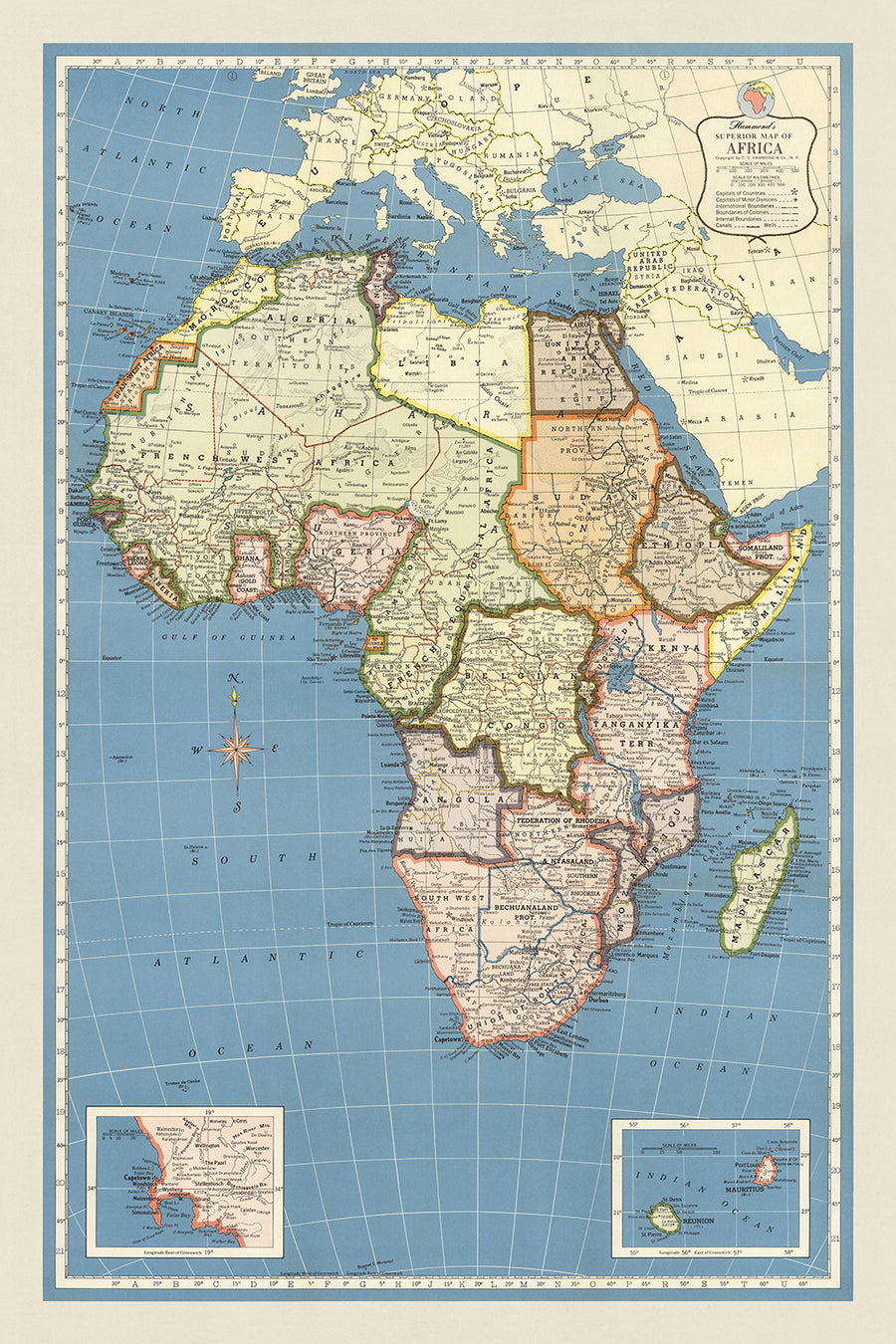 Große alte Karte von Afrika, 1957: Koloniale Grenzen, Mercator-Projektion, detaillierte Geographie 