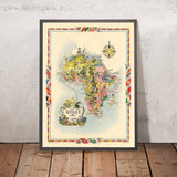 Alter bildlicher Atlas von Afrika von Liozu, 1951: Dekorative Ränder, Hauptstädte & Wildtiere 