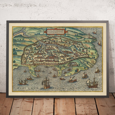 Alte Vogelaugenkarte von Alexandria von Braun, 1575: Pompejussäule, Türme, Zinnen, Schiffe, Wasserwege