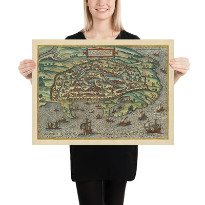 Antiguo mapa a vista de pájaro de Alejandría por Braun, 1575: pilar de Pompeyo, torres, almenas, barcos y vías navegables