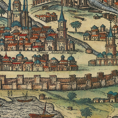 Ancienne carte à vol d'oiseau d'Alexandrie par Braun, 1575 : pilier de Pompée, tours, remparts, navires, voies navigables