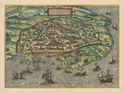 Alte Vogelaugenkarte von Alexandria von Braun, 1575: Pompejussäule, Türme, Zinnen, Schiffe, Wasserwege