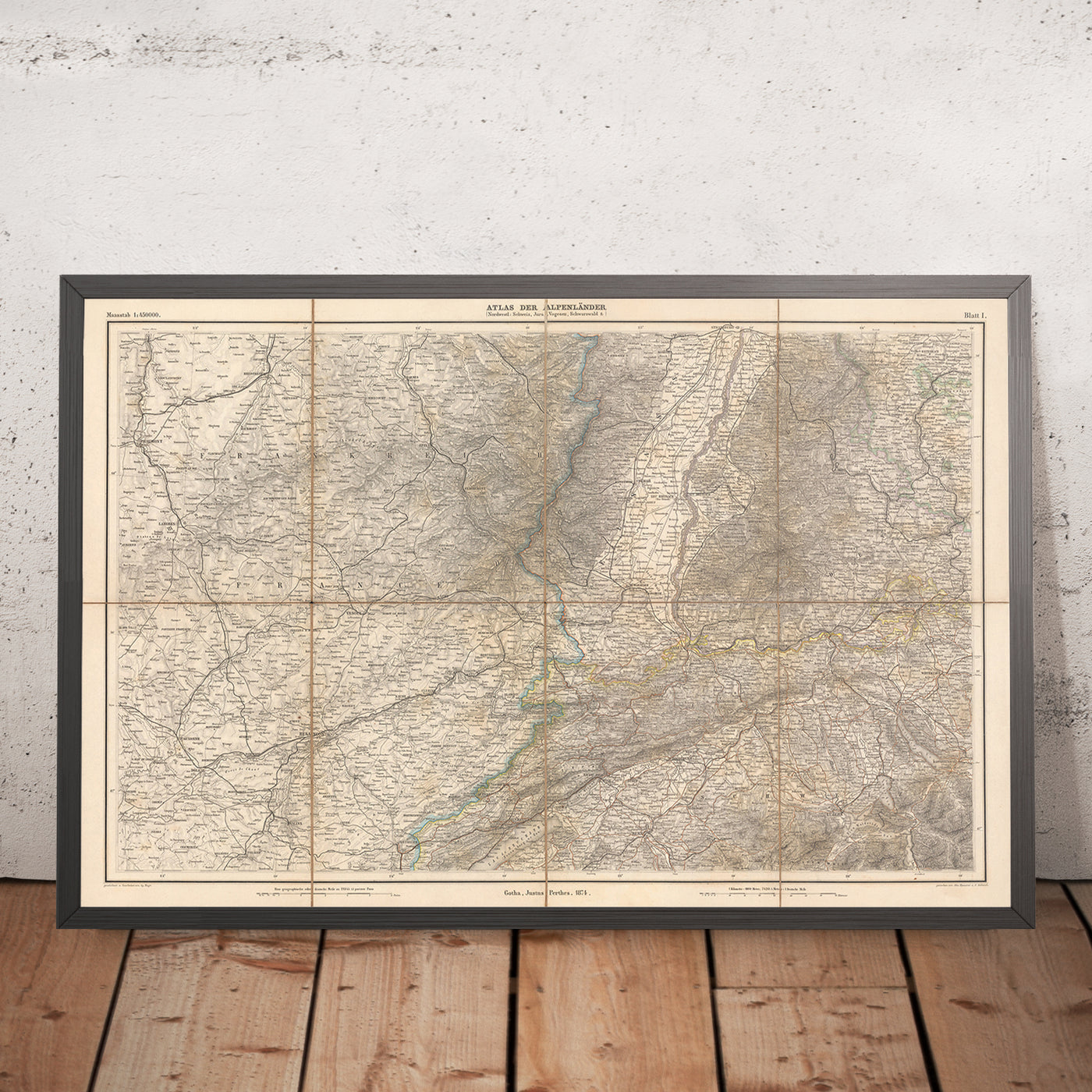 Old Map of Northwest Alps by Mayr, 1874: France, Switzerland, Germany, Bern, Straßburg