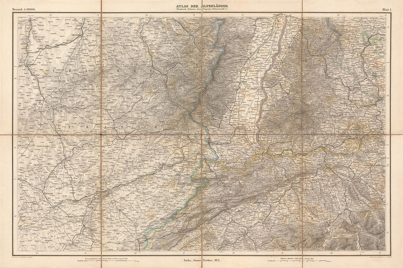 Alte Karte der Alpenregion von Mayr, 1874: Rhein, Bern, Basel, Schwarzwald, Eisenbahnen