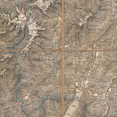 Mapa antiguo de Italia y Suiza de Mayr, 1874: Milán, Verona, Lago de Garda, Alpes, Ferrocarriles