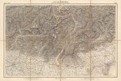 Mapa antiguo de Italia y Suiza de Mayr, 1874: Milán, Verona, Lago de Garda, Alpes, Ferrocarriles