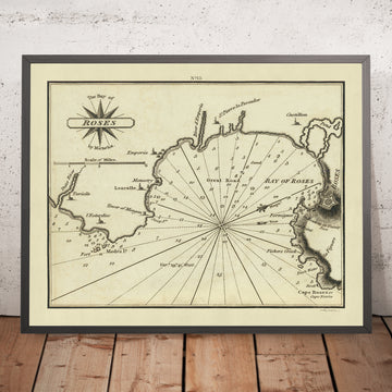 Old Bay of Roses, Spain Nautical Chart by Heather, 1802: Costa Brava, Catalan Coast, Soundings