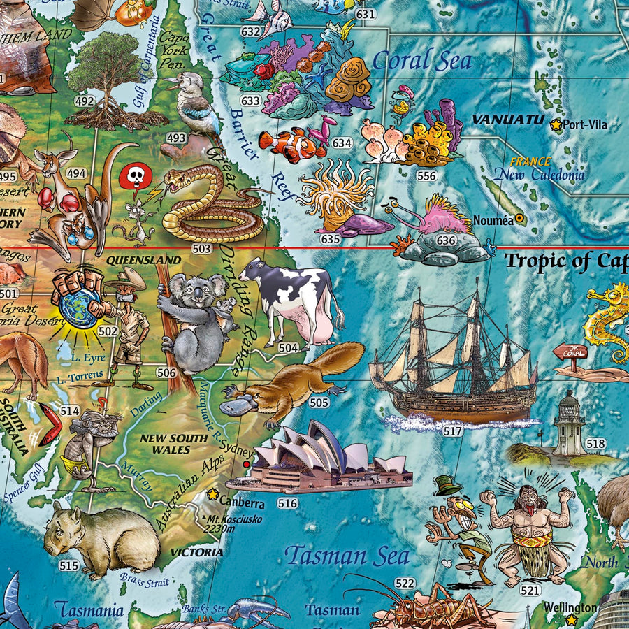 Illustrierte Weltkarte von Ray&Co, 2024 mit 650 Illustrationen: Bildungswandkunst für das Kinderzimmer 